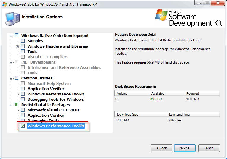 Windows 7 SDK Options for WPT